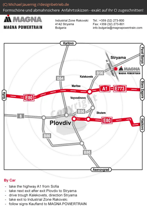 Anfahrtsskizzen erstellen / Wegbeschreibung Stryama / Bulgarien (Übersichtskarte und Detailkarte)   MAGNA Powertrain (217)