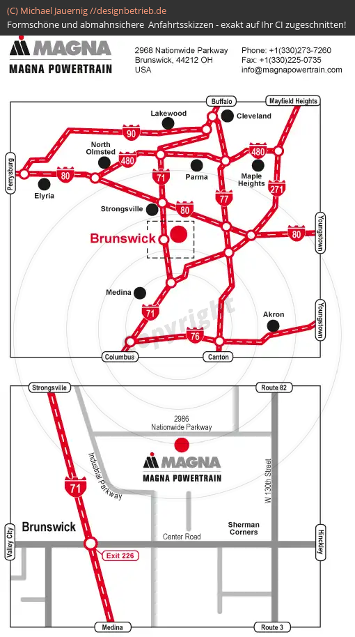 Anfahrtsskizzen erstellen / Wegbeschreibung Brunswick / Ohio / USA (Übersichtskarte und Detailkarte)   MAGNA Powertrain (218)