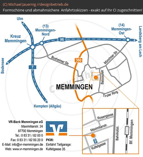 Anfahrtsskizzen erstellen / Wegbeschreibung Memmingen Maximilianstraße (Detailskizze mit Übersichtsplan)   VR-Bank Memmingen eG (355)