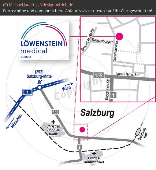 Anfahrtsskizzen erstellen / Wegbeschreibung Salzburg Östereich   Löwenstein Medical GmbH & Co. KG (410)
