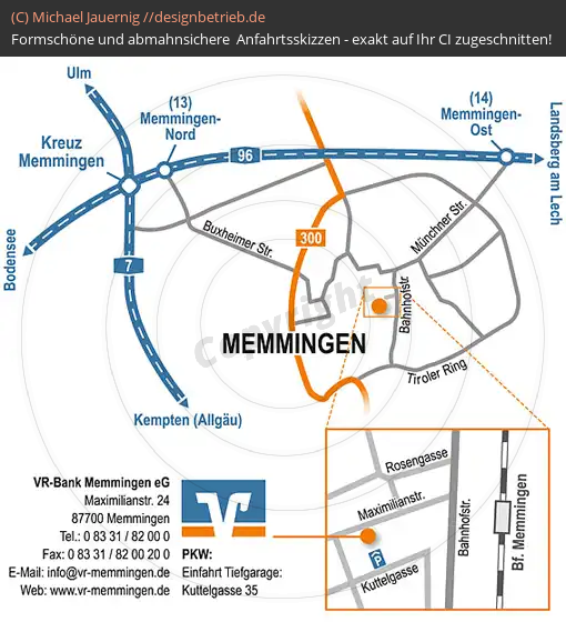 Anfahrtsskizzen erstellen / Wegbeschreibung Memmingen (Großraum + Zoomkarte)   VR-Bank Memmingen eG (496)