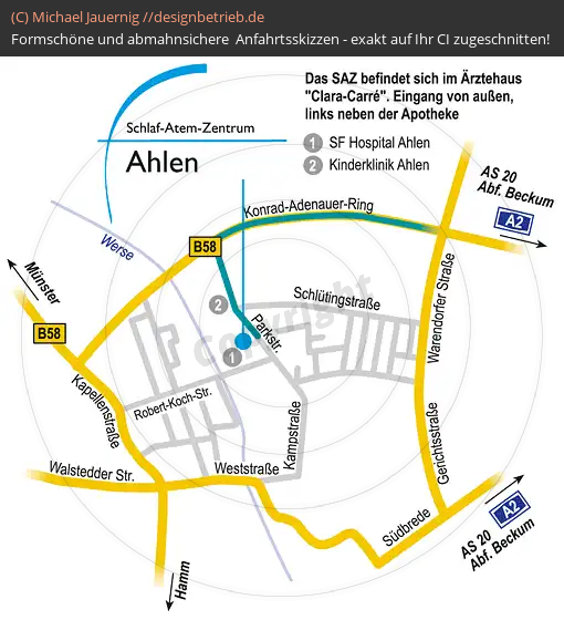Anfahrtsskizzen erstellen / Wegbeschreibung Ahlen Parkstraße   Schlaf-Atem-Zentrum Löwenstein Medical GmbH & Co. KG (504)