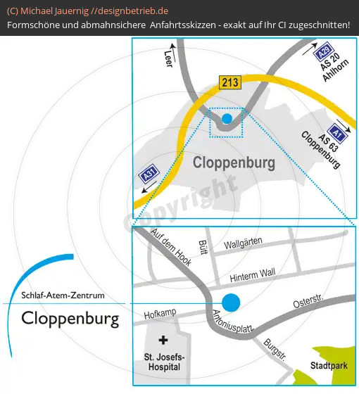 Anfahrtsskizzen erstellen / Wegbeschreibung Cloppenburg (Antoniusplatz)   Schlaf-Atem-Zentrum Löwenstein Medical GmbH & Co. KG (509)