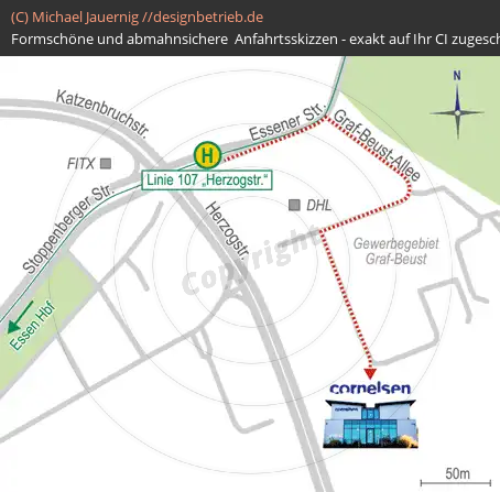 Anfahrtsskizzen erstellen / Wegbeschreibung Essen   Fußweg ÖPNV bis Ziel | Cornelsen Umwelttechnologie GmbH (662)