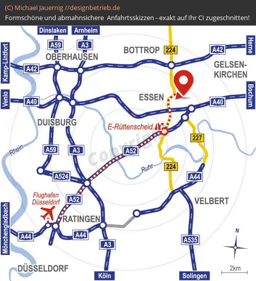 Anfahrtsskizzen erstellen / Wegbeschreibung Essen Übersichtskarte  Flughafen Düsseldorf bis Essen | Cornelsen Umwelttechnologie GmbH (663)