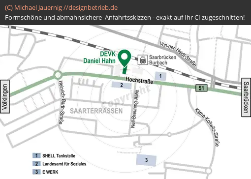 Anfahrtsskizzen erstellen / Wegbeschreibung Saarbrücken Lageplan  DEVK Daniel Hahn (687)