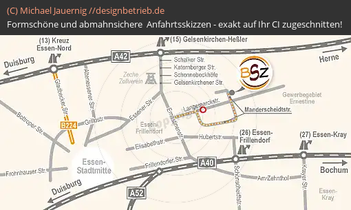 Anfahrtsskizzen erstellen / Wegbeschreibung Essen Manderscheidtstraße 90 Anfahrtskarte mit dynamischen Maßstäben  BSZ Keramikbedarf GmbH (731)