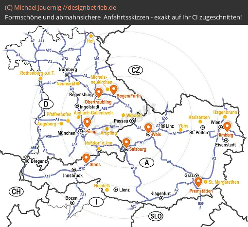 Anfahrtsskizzen erstellen / Wegbeschreibung Bayern, Österreich, Südtirol Regionenkarte   Tschann Nutzfahrzeuge GmbH (775)
